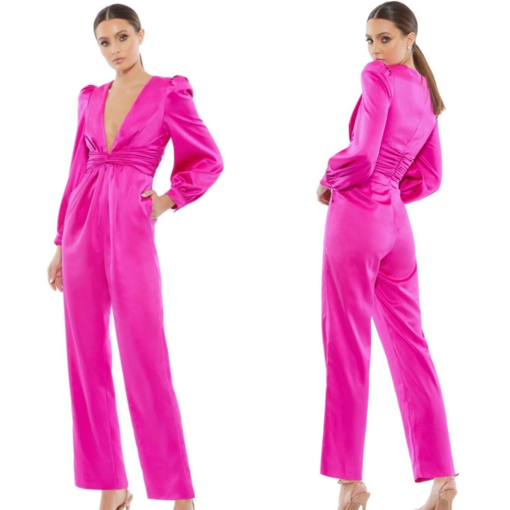 Mac Duggal | Pink Satin Long Puff Sleeve Formal Jumpsuit NWT